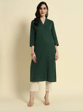 Thread Plus Cotton Flax Straight Kurti In Dark Mehandi Color For Women